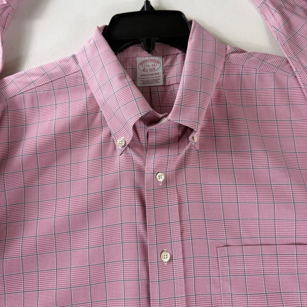 Brooks Brothers Madison Fit Non-Iron Stretch Shirt Pink Plaid 17.5 34 Mens‎ XL